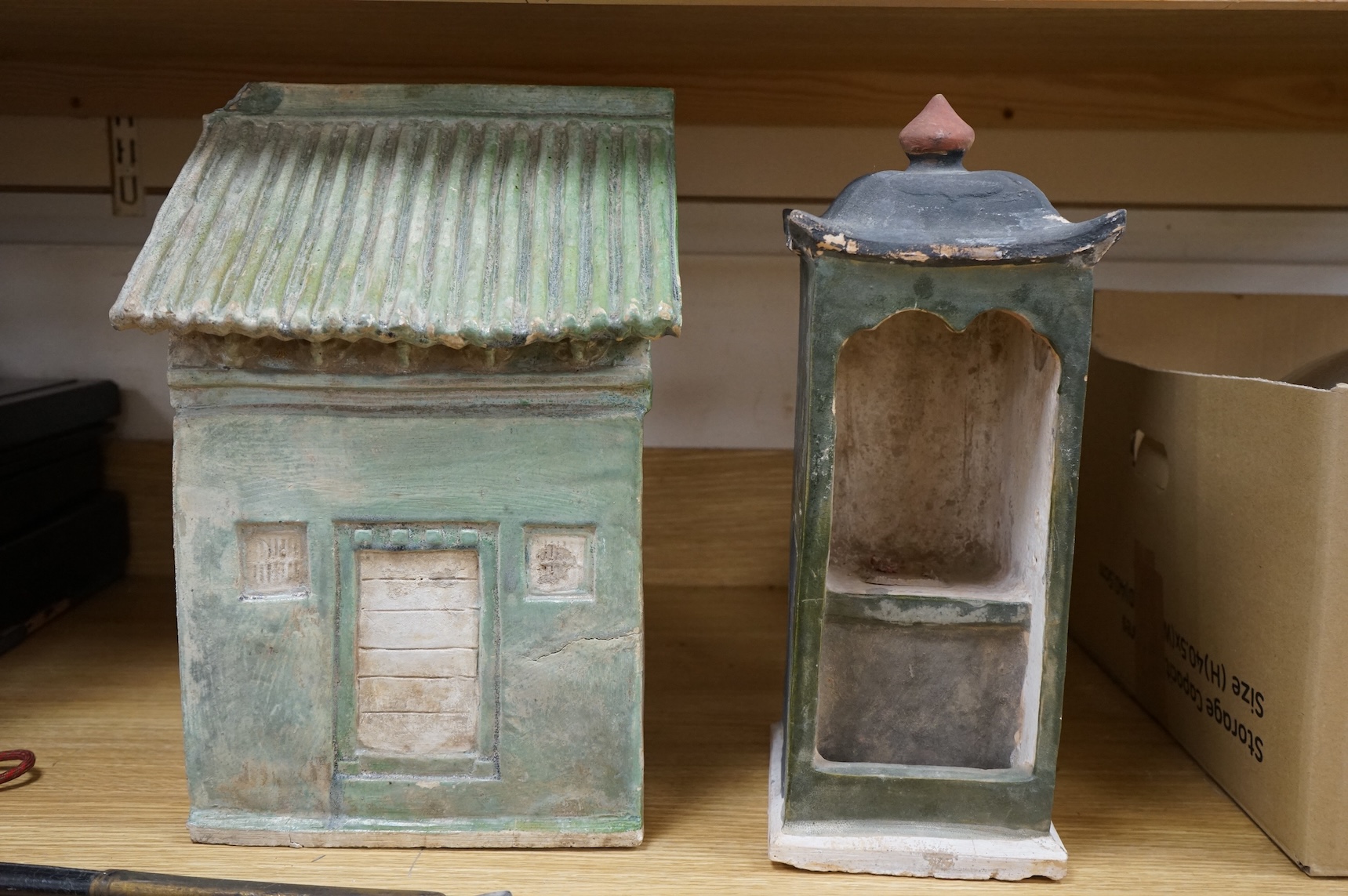 A Chinese Ming sancai glazed model of a cupboard and a shrine, 16th century, 40cm high